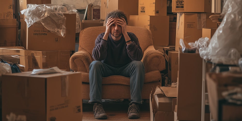 Résident de Nîmes paniquant au milieu de ses cartons de déménagement