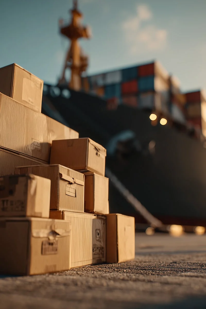 Pile de cartons devant un bateau de cargaison pour votre déménagement à l'étranger